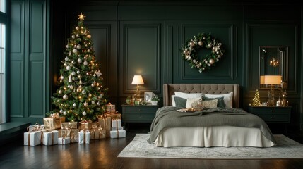 Log house bedroom displays a beautifully decorated Christmas tree, glowing lights, and presents, creating a warm holiday atmosphere
