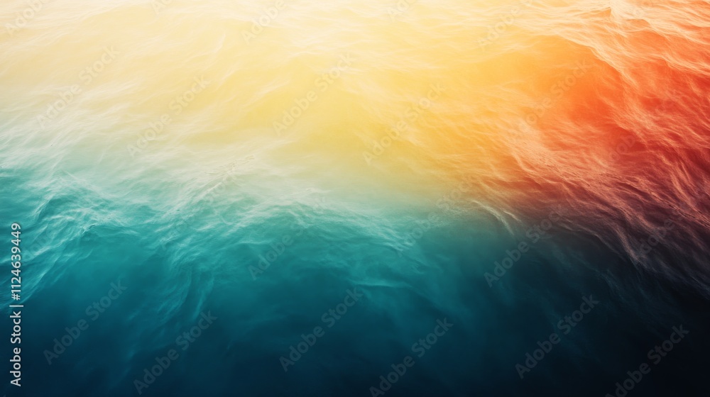 Poster soft, blended hues of blue, orange, and yellow create an abstract background reminiscent of ocean wa