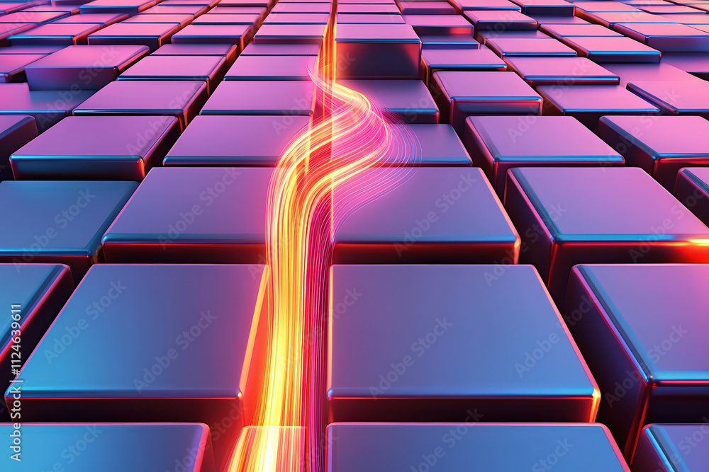 Poster vibrant digital abstract background featuring series of glossy cubes with glowing, flowing line cutt