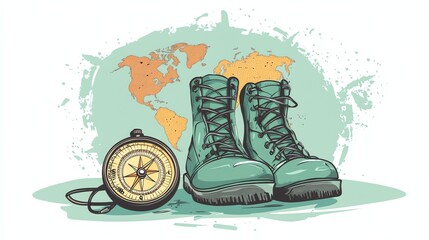 A pair of hiking boots and a compass with a world map in the background.