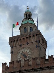 Details of the Torre d'Accursio tower of the Palazzo Comunale in the city Bologna, Emilia-Romagna, Italy, October 2023