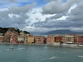 Naklejka premium View of the historical city Sestri Levante on the shore of Baia del Silenzio or Bay of Silence, Liguria, Italy, October 2023