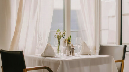 nordic style dining room, table with white plain tablecloth
