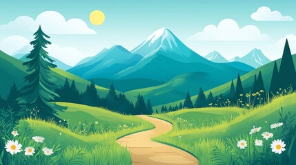 A cartoon illustration of a winding path through a green meadow in a mountain valley.