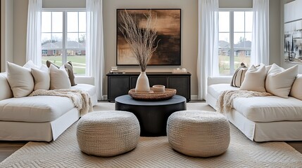 Obraz premium Wicker and fabric pouf near white corner sofa. Minimalist interior design of modern living room.