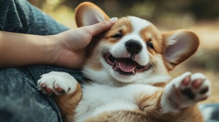 A playful corgi puppy lying on its back with its paws in the air, enjoying a belly rub from its owner.