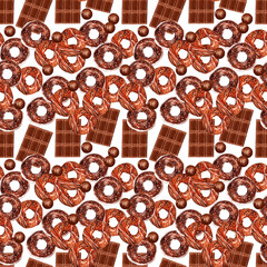Watercolor seamless pattern with colorful sweet donuts with frosting