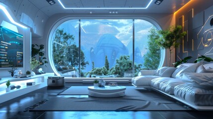 Futuristic living space with stunning mountain view virtual reality setup modern interior design serene atmosphere wide angle perspective