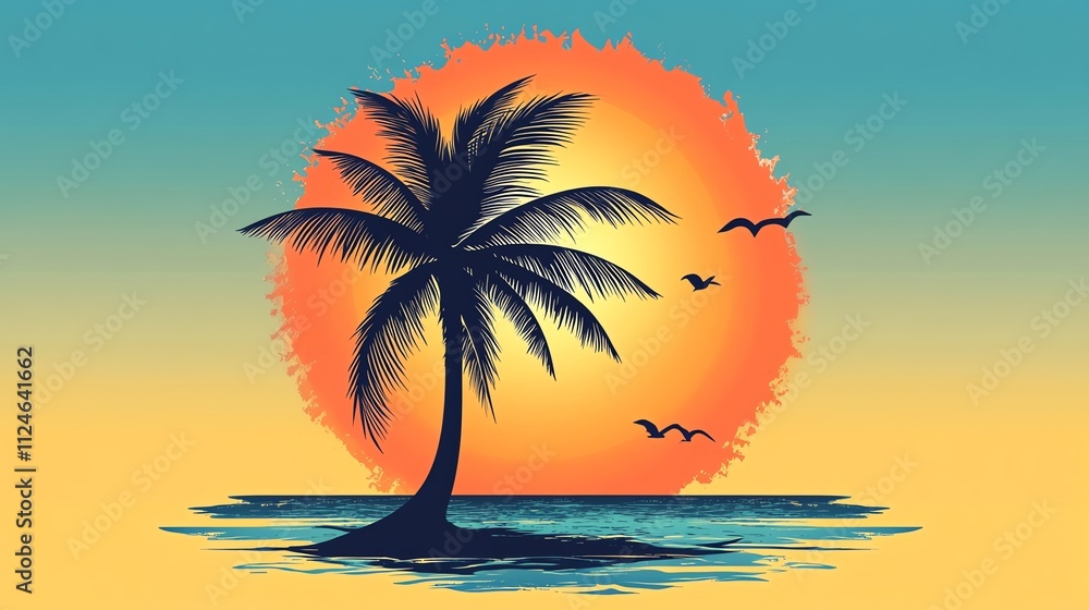 Poster a silhouette of a palm tree on a small island with a large sun setting in the background.