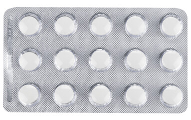 Round tablets in a blister pack isolated on a transparent background. Completely in focus. Top view.
