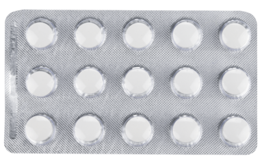 Round tablets in a blister pack isolated on a transparent background. Completely in focus. Top view.