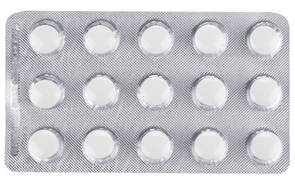 Round tablets in a blister pack isolated on a transparent background. Completely in focus. Top view.