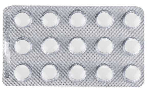Round tablets in a blister pack isolated on a transparent background. Completely in focus. Top view.