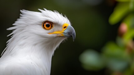 Obraz premium This powerful eagle exhibits sharp yellow eyes and pristine white feathers, highlighted by a dark background that enhances its intense gaze