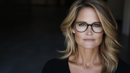 Fototapeta premium Confident blonde woman with soft curls and glasses poses in a clean indoor space, radiating professionalism and warmth, ready for engagement