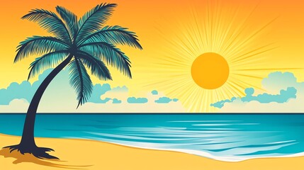 Cartoon illustration of a palm tree on a beach with a bright sun in the sky.