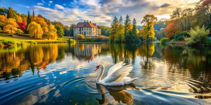 Aerial View of a Majestic Swan Gliding Gracefully on the Serene Waters of Lake Templin Surrounded by Lush Greenery at Caputh Palace Park in a Tranquil Natural Setting