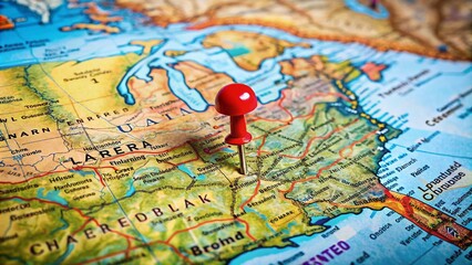 Aerial View of a Map with a Red Pin Marking a Location in the United States, Symbolizing Travel Destinations and Exploration Opportunities Across the Country