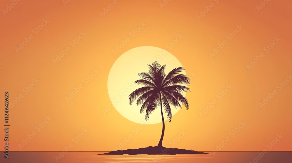 Poster a silhouette of a palm tree on a small island with a large sun setting in the background.