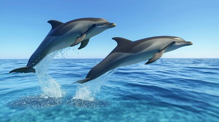 Fototapeta premium A pair of dolphins leaping gracefully out of the ocean, with a clear blue sky above them.