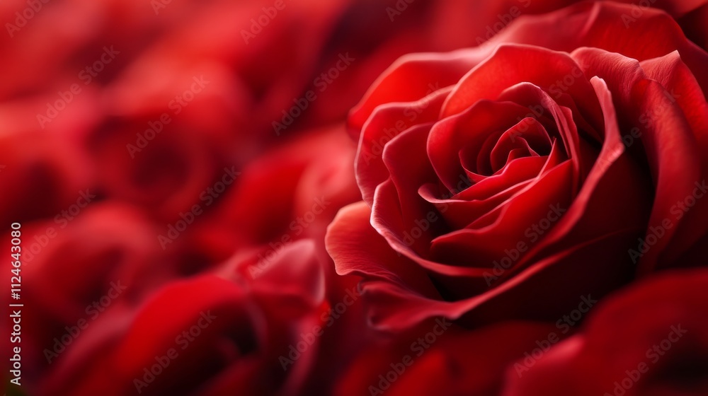 Poster single elegant rose bloom showcased in soft lighting, revealing symmetrical petals and delicate text