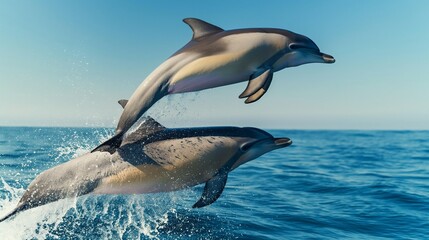 Naklejka premium A pair of dolphins leaping gracefully out of the ocean, with a clear blue sky above them.