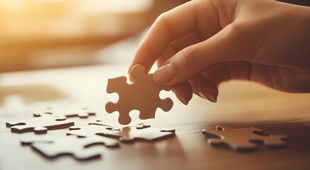 A businessman's hands are assembling a puzzle piece on a wooden table, symbolizing solitude and connection in the work environment. It highlights the decision-making process and logical thinking.