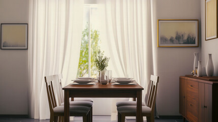 A modest dining room with a wooden table in the center, surrounded by four chairs.