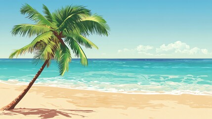 A cartoon illustration of a palm tree on a beach with a bright sun in the sky.
