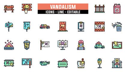 Set of 25 line icons vandalism. Editable stroke. Vector illustration