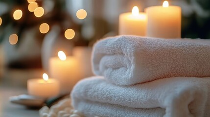 Cozy Spa Scene with White Towels Glowing Candles and Relaxation Atmosphere