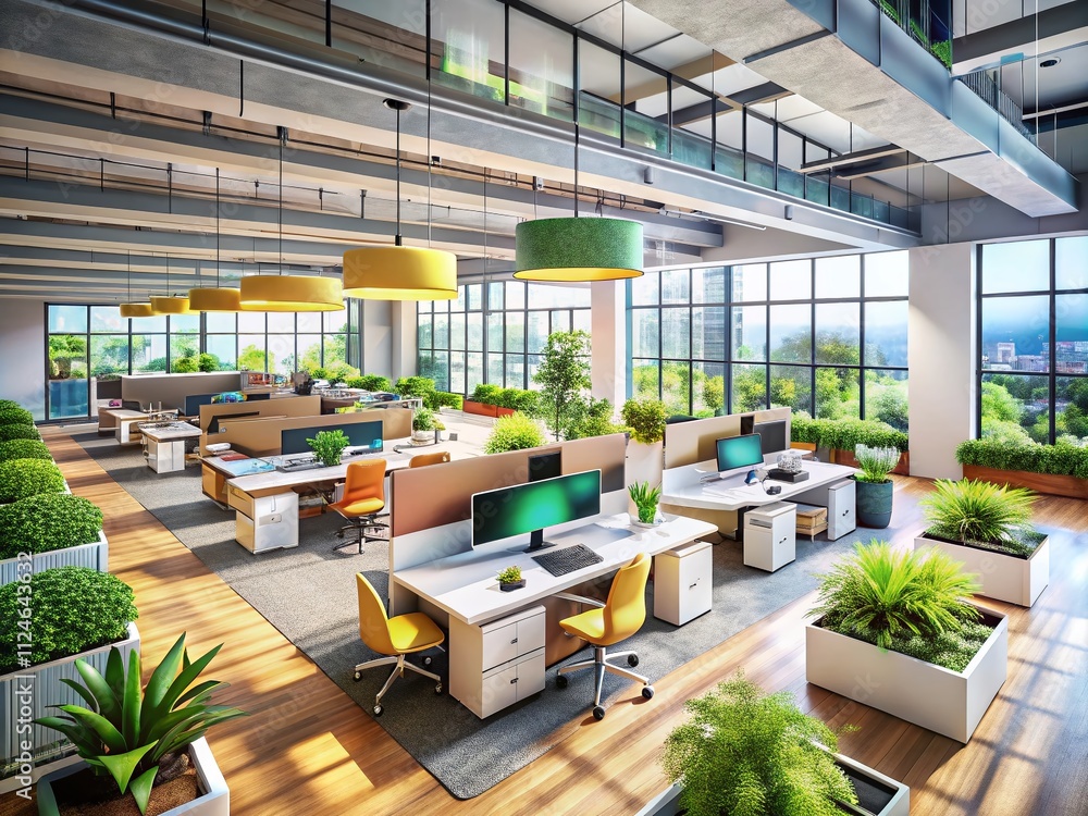 Poster aerial view of a modern empty office space featuring 3d rendered cubicles and open layout for contem