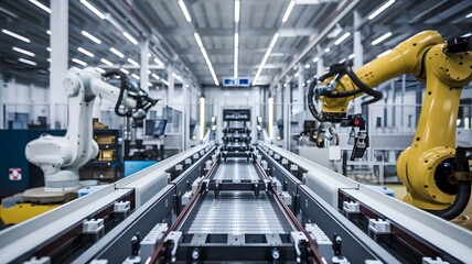 Fototapeta premium Modern conveyor belt in a robotics factory, moving parts for assembly, emphasizing cutting-edge technology and automated production lines