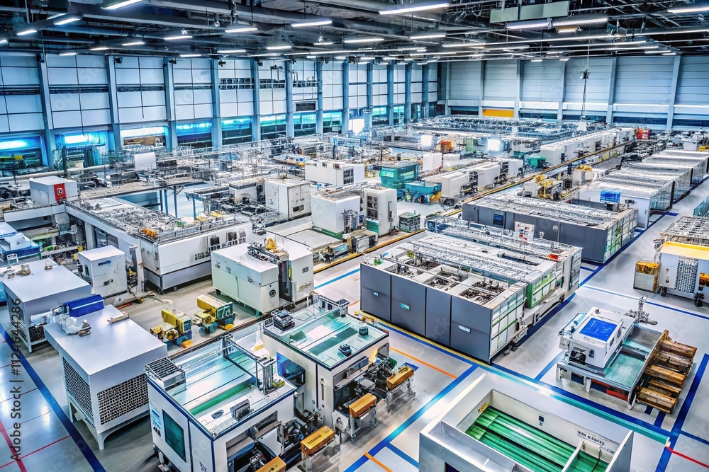 Poster aerial view of a modern microchip manufacturing facility showcasing advanced robotics and precision 