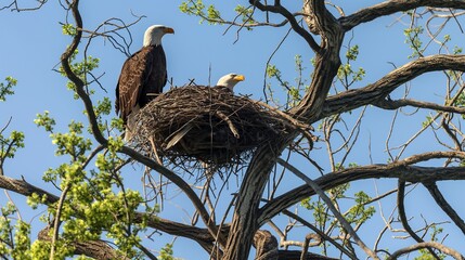 A pair of majestic bald eagles building a nest high in a tree, with a clear blue sky as the backdrop.