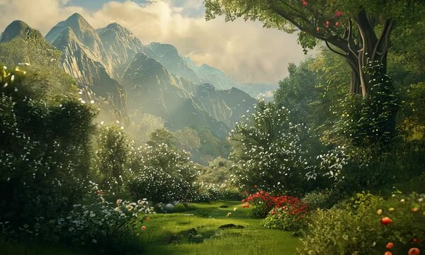Mountain landscape with eden garden