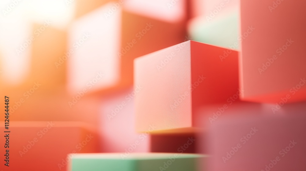 Fototapete Pastel orange and green blocks are stacked in an abstract geometric design, creating a playful visual effect with soft shadows and ample space on the left for text