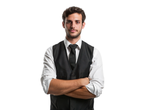 Professional waiter standing poised against a white background, ready to serve exquisite dining experience with professionalism and elegance