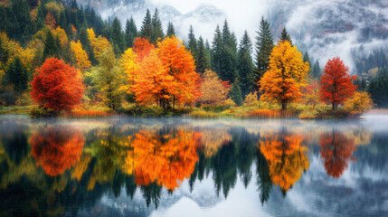 A scenic view of a lake surrounded by colorful autumn trees with reflections of the trees on the water, captured at dawn with soft mist rising.