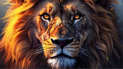 Naklejka premium Lion,Close-up portrait of lion against black background