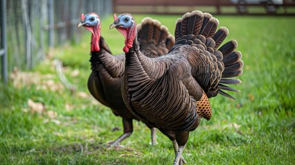 Fototapeta premium A pair of turkeys strutting proudly in a grassy pen, their feathers fanned out in display.