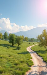 Winding Country Road Through Green Grassland and Mountains