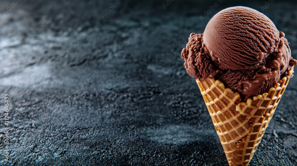 Aufkleber This medium close-up features a scoop of rich chocolate ice cream in a waffle cone, showcasing its smooth texture against a transparent backdrop with ample copy space