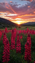 A field of red flowers with a beautiful sunset in the background