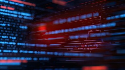 Obraz premium Cybersecurity ransomware concept. Abstract digital background with glowing lines and data streams in red and blue tones.