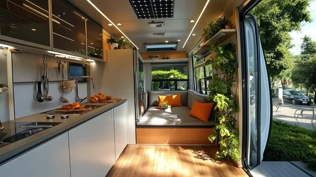 Modern Tiny Home Interior: A sleek and stylish tiny home interior with a well-equipped kitchen, cozy living area, and a vertical garden adding a touch of nature.