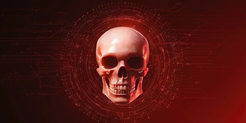 Cybersecurity ransomware concept. Skull illuminated against a red background, surrounded by a dynamic particle effect.