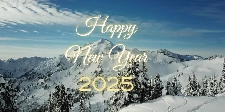 życzenia happy new year 2025 na tle zmieniającego się krajobrazu g&oacute;rskiego zimową porą w słoneczny dzień