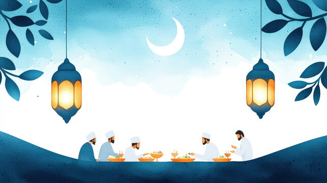 serene watercolor depicting group of people enjoying meal under lanterns, with crescent moon in background. scene conveys sense of community and celebration