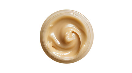 Creamy skincare product in a round container on a clean surface highlighting its texture and natural color on transparent background